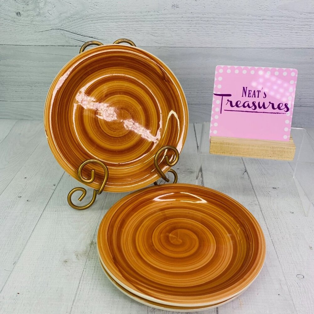 Tabletops SWIRL SPIRALE  Brown Hand Painted Stoneware Round Salad Plate Set 3